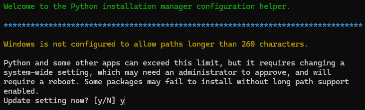 Ak sa ťa opýtajú na konfiguráciu limitu cesty, tak napíš y - yes.