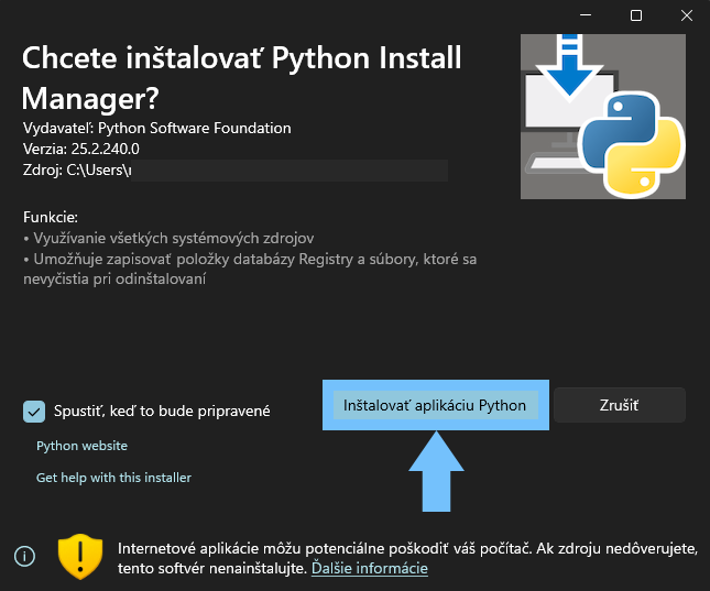 Klikni na tlačítko Inštalovať aplikáciu Python v inštalátore Pythonu.