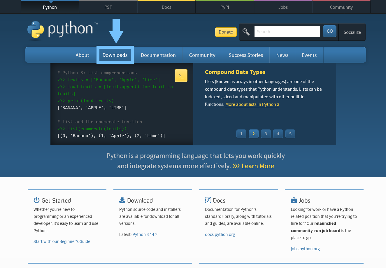 Na domovskej stránke Pythonu klikni na Downloads.