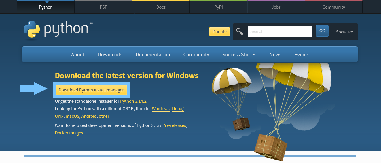 Klikni na tlačítko Download Python install manager.